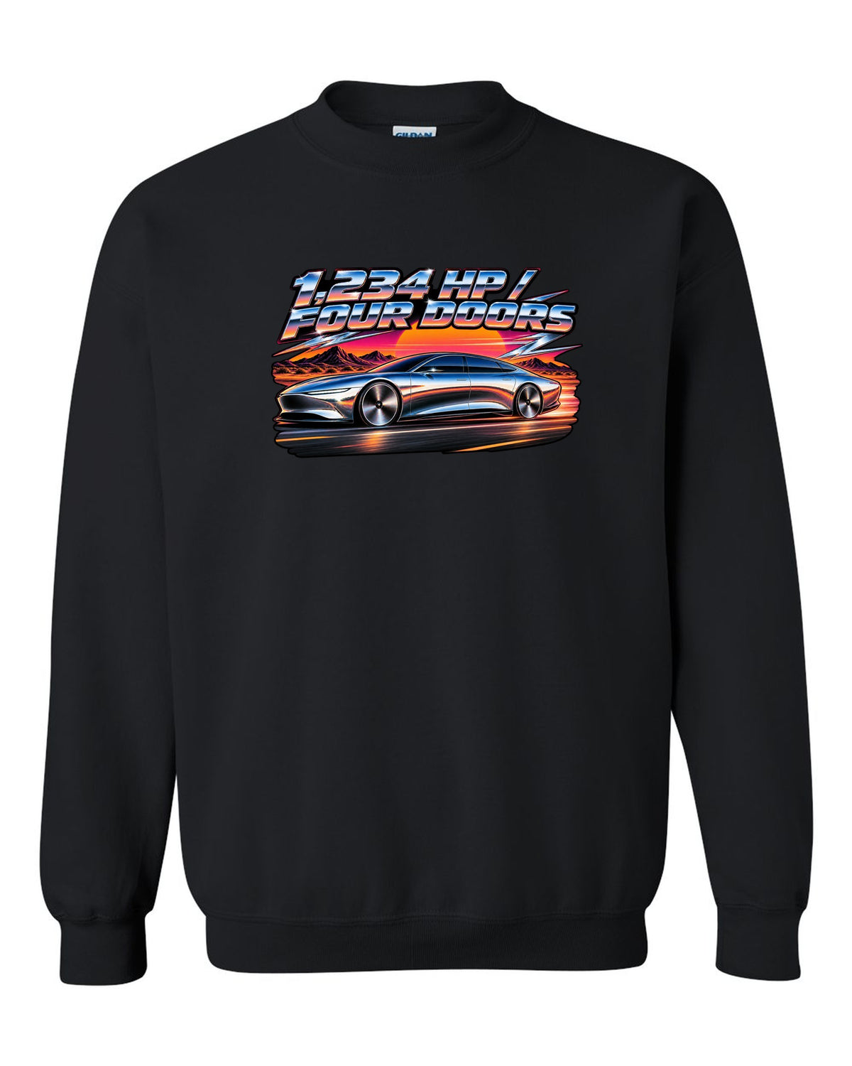 Lucid Air Sapphire 80s airbrush chrome poster print with the text 1,234 hp four doors black crewneck front view with the design
