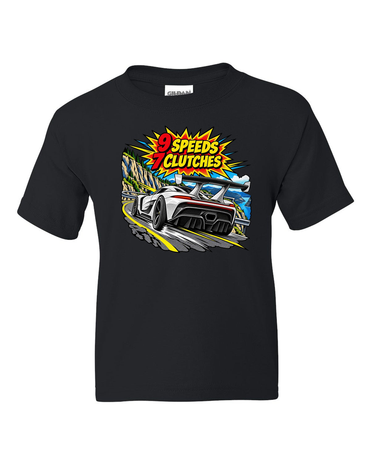 Comic halftone pop art print of a Koenigsegg Jesko with 9 speeds and 7 clutches lettering black kids tee front view with the design
