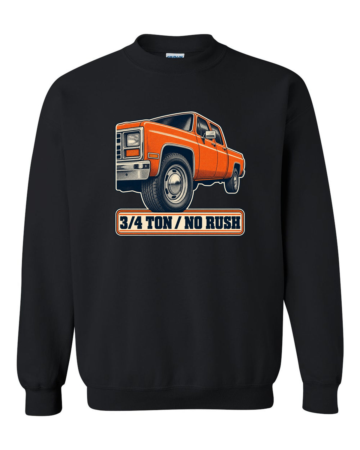 Retro halftone print of a steel wheel close-up on a 1973-87 Chevrolet C20 Squarebody with 3/4 ton lettering black crewneck front view with the design