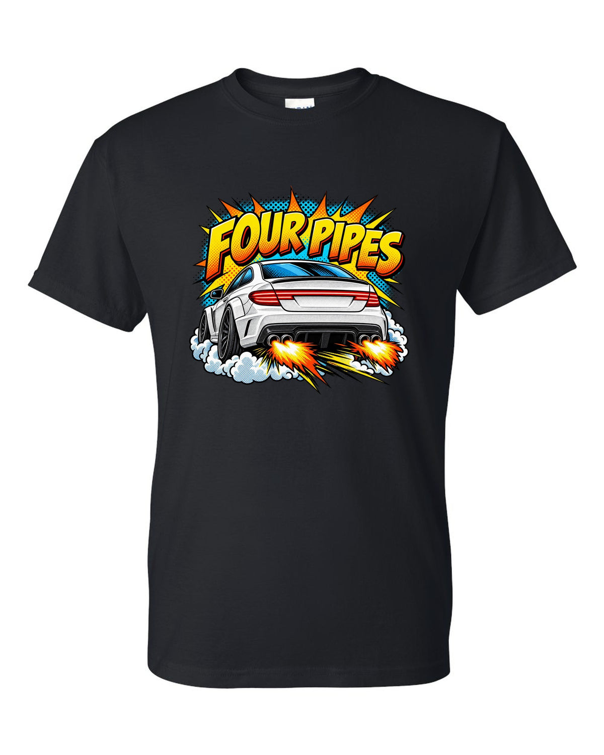Comic halftone pop-art of the exhaust end of a Mercedes C63 Coupe C204 black t-shirt front view with the design