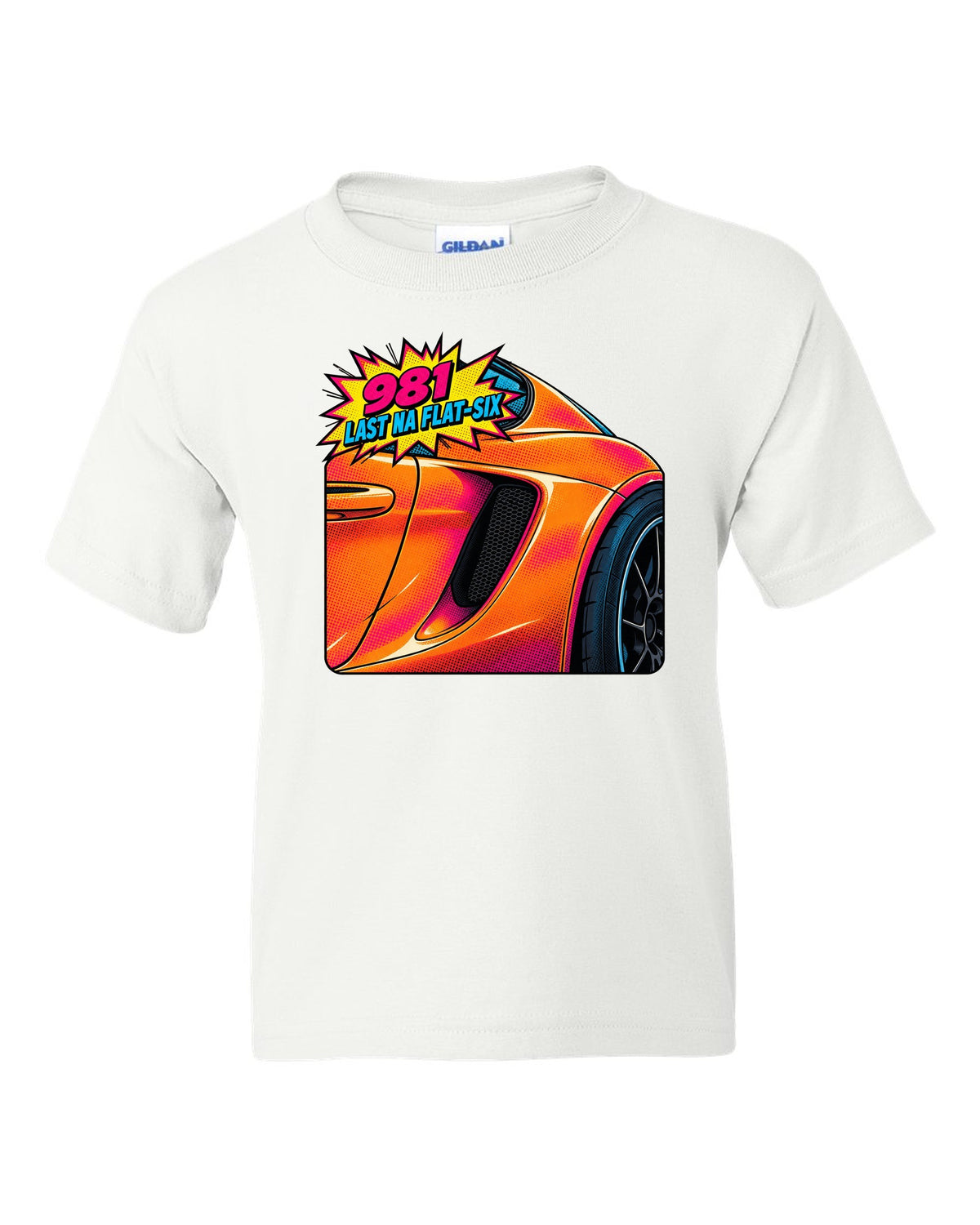 Pop-art halftone print of a Porsche 981 Cayman GTS intake with the text 981, last NA flat-six white kids tee front view with the design