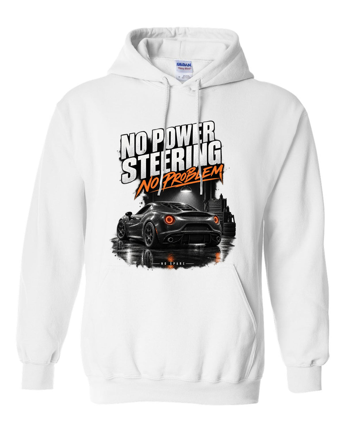 Garage night print of an Alfa Romeo 4C with no power steering no spare text white pull over hoodie front view with the design