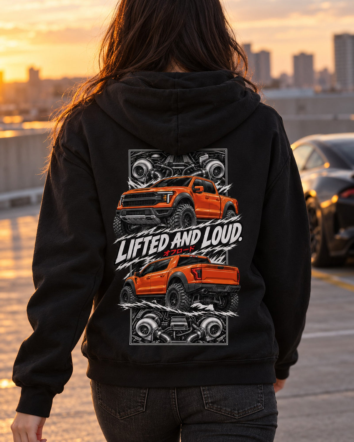 Ford F-150 Raptor Torn Poster Full-Back Graphic Tee Zip Hoodie Black worn hero