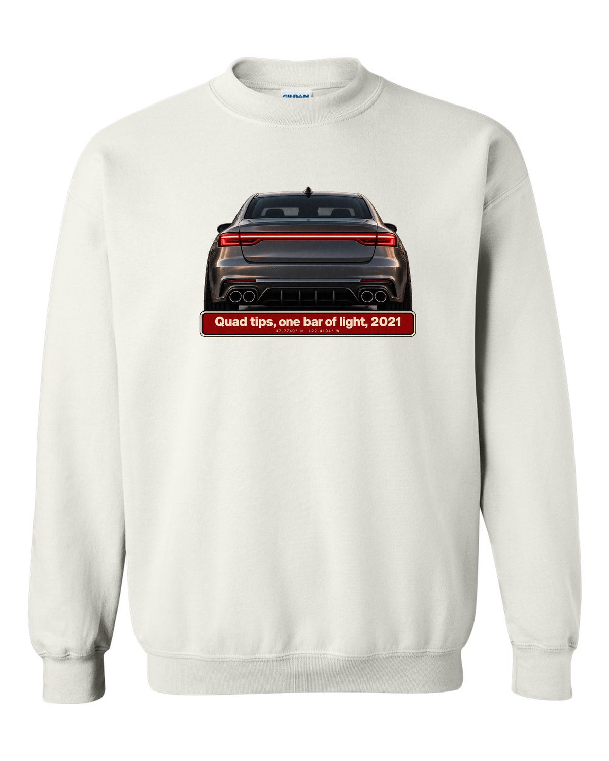 Acura TLX Type S taillight and quad exhaust tips macro print white crewneck front view with the design