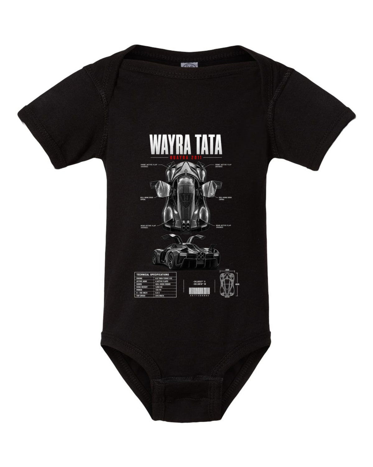 Spec poster print of a 2011 Pagani Huayra with four centre exhausts and gull-wing doors black baby onesie front view with the design