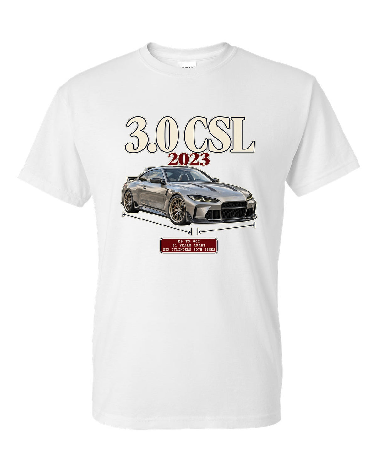BMW 3.0 CSL E9 to G82 archive panel print white t-shirt front view with the design
