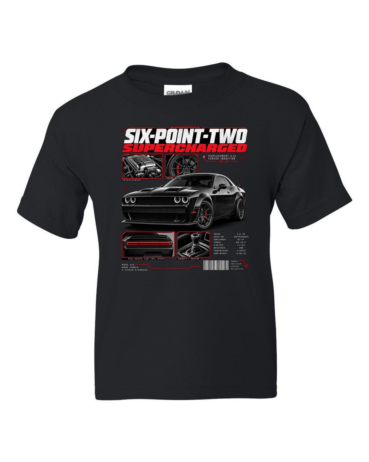 Dossier panel print of a 2018 Dodge Challenger LC/LA with 6.2 supercharged and 707 HP text black kids tee front view with the design