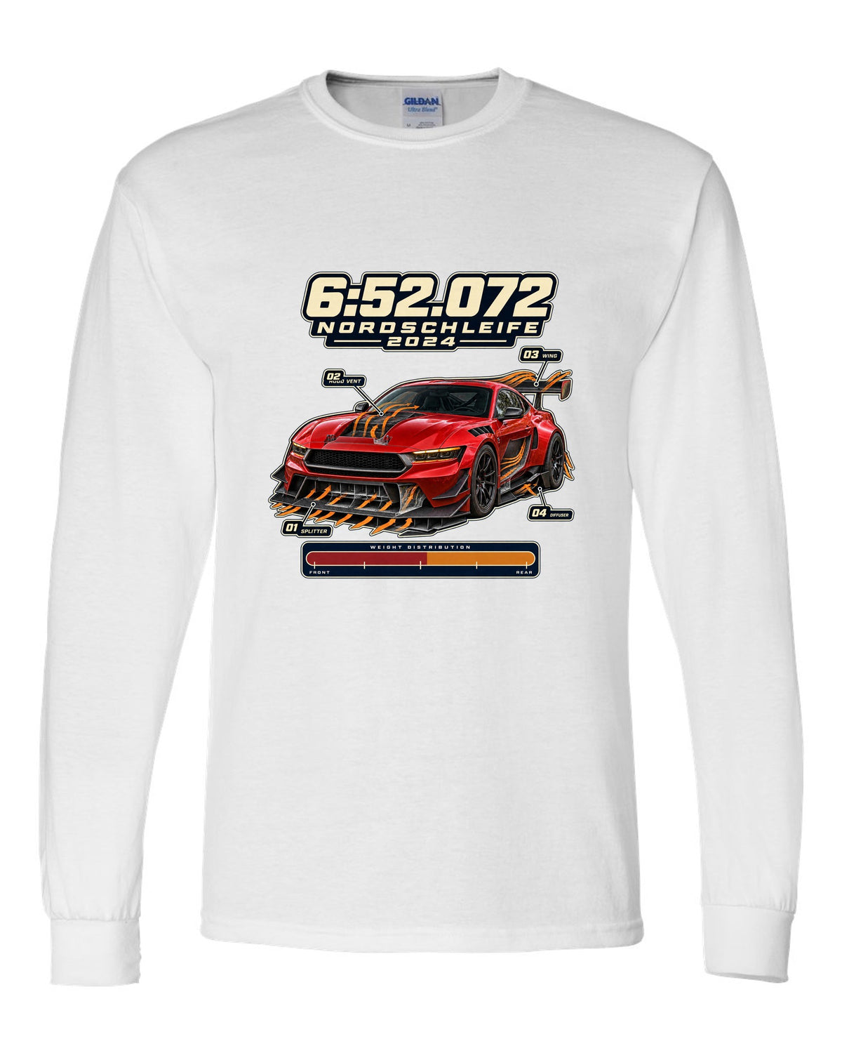 print of a Mustang GTD with aero callouts and 6:52.072 Nordschleife 2024 text white long sleeve front view with the design