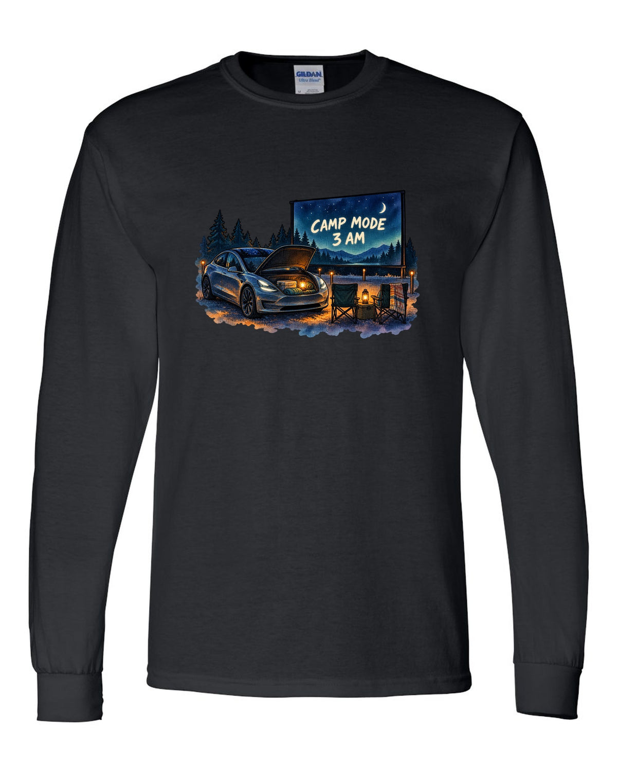 Watercolor wash print of a Tesla Model 3 with the words Camp Mode 3 AM black long sleeve front view with the design