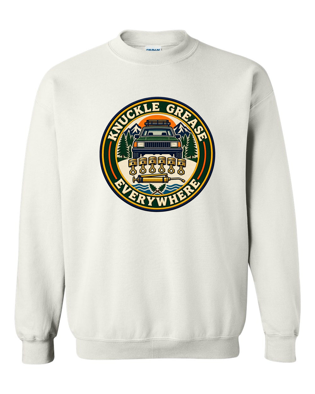 Badge crest of a Toyota Land Cruiser FZJ80 inline-six with Knuckle Grease Everywhere lettering white crewneck front view with the design