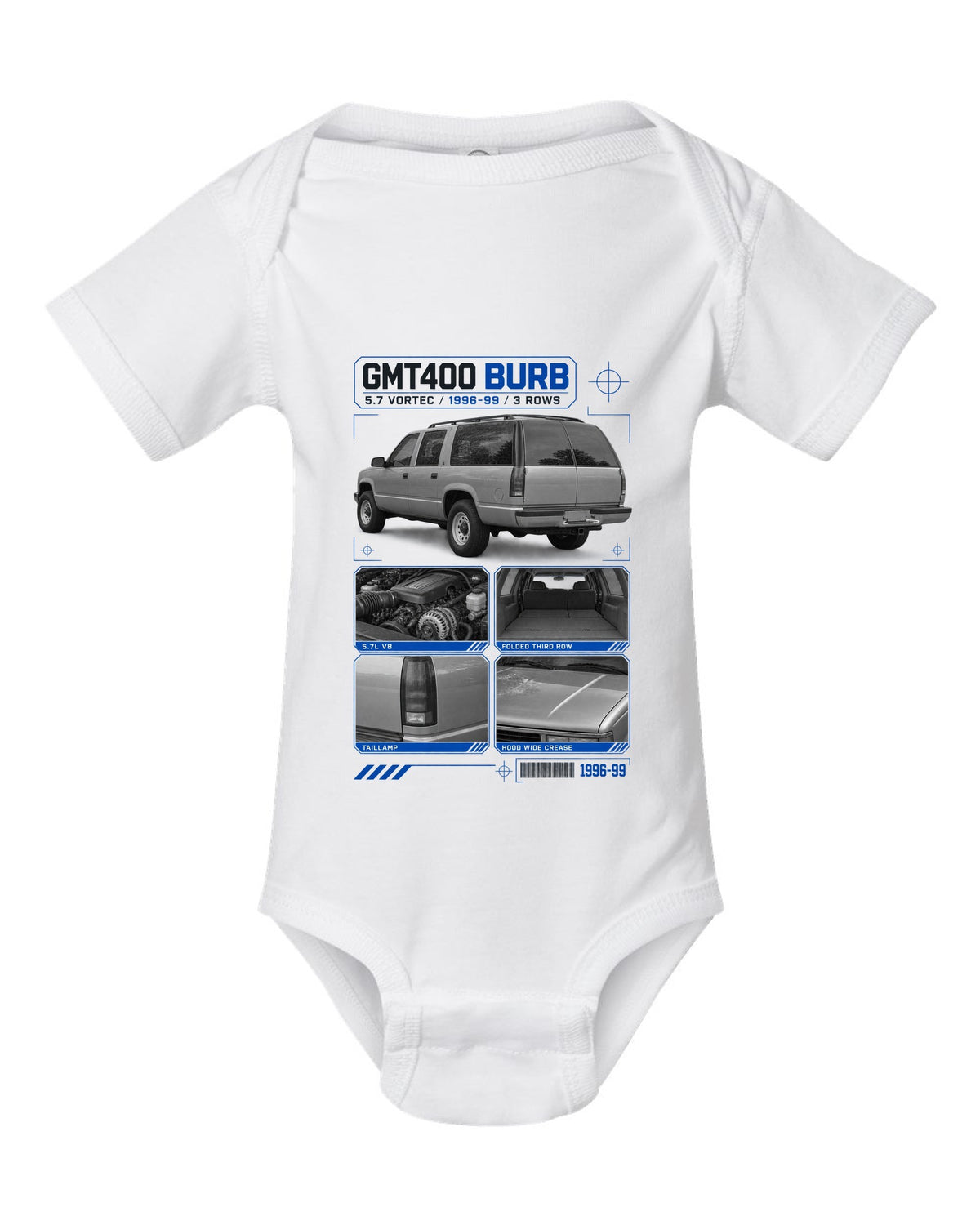 Dossier print of a 1992-99 Chevrolet GMT400 Suburban in a rear three-quarter view white baby onesie front view with the design