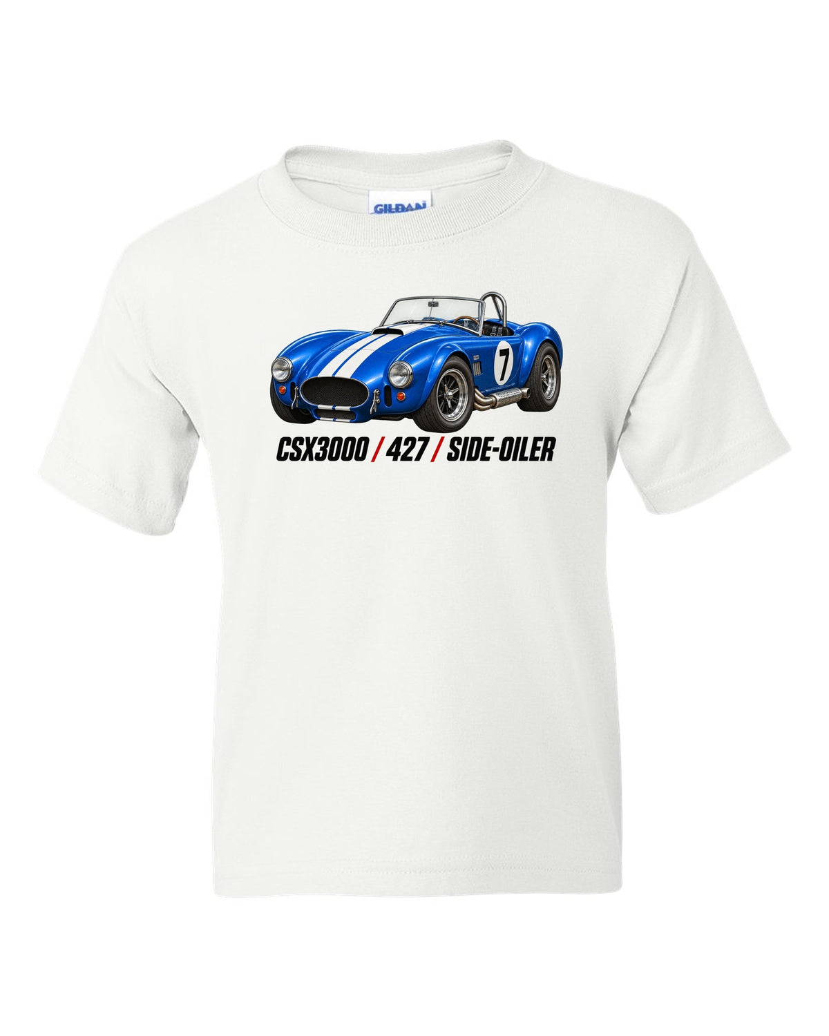 Shelby Cobra 427 CSX3000 Side-Oiler Racing Roundel white kids tee front view with the design