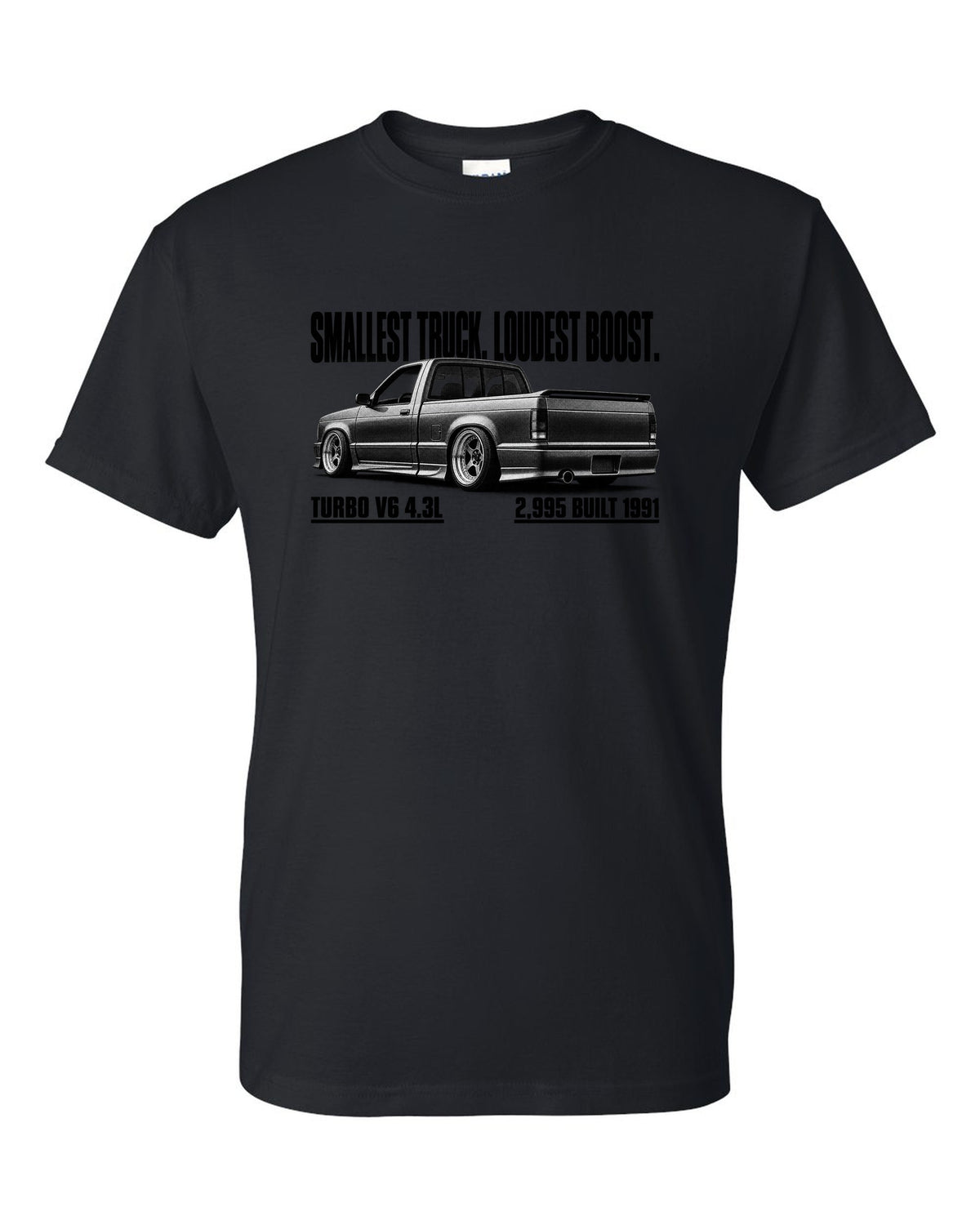 1991 GMC Syclone halftone profile with boost headline, print black t-shirt front view with the design