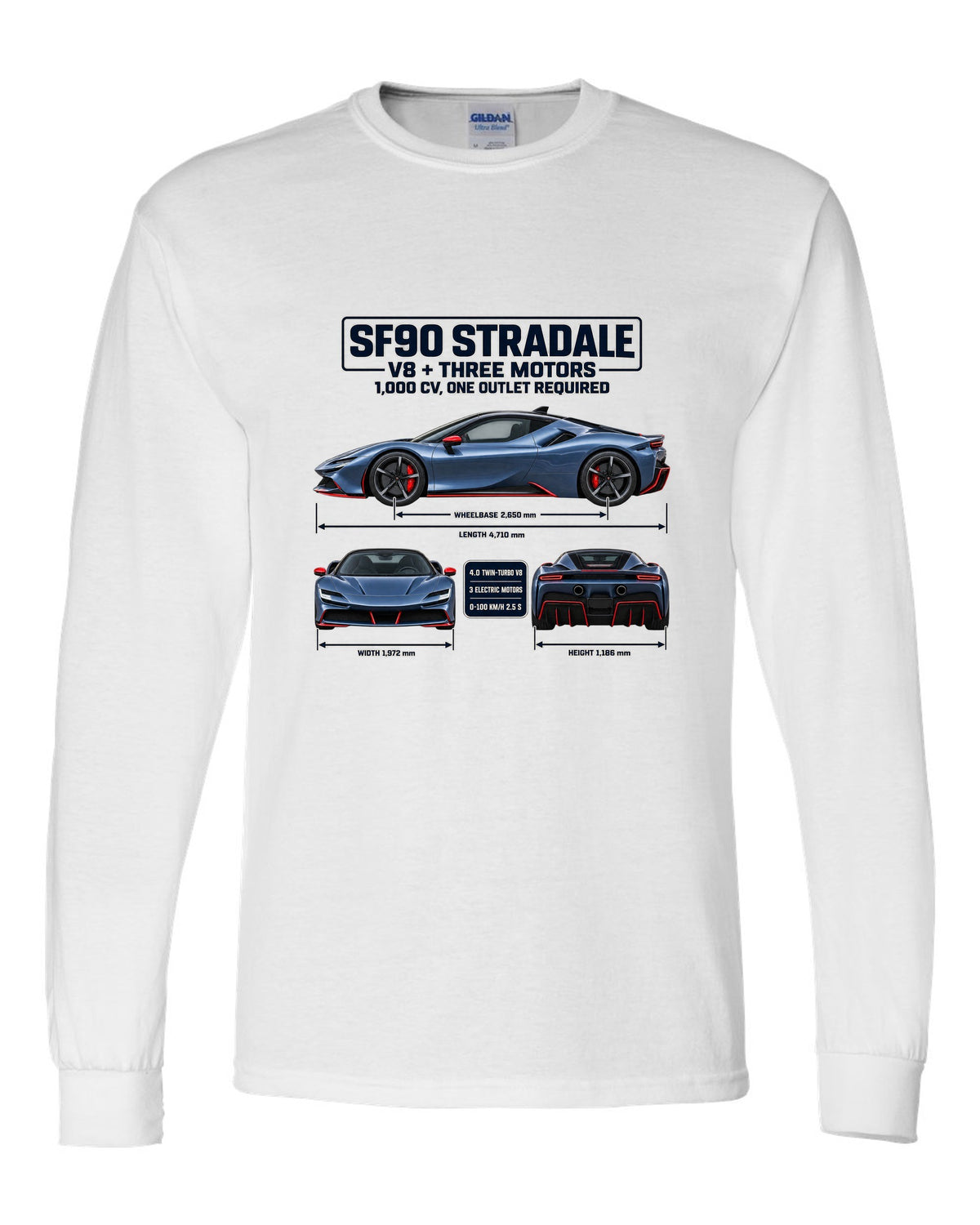 Ferrari SF90 Stradale three-view spec sheet print with V8 plus three motors, 1,000 CV white long sleeve front view with the design