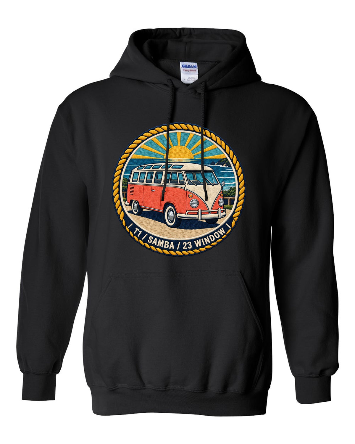 Round crest for the VW Bus T1 Samba 23 window black pull over hoodie front view with the design
