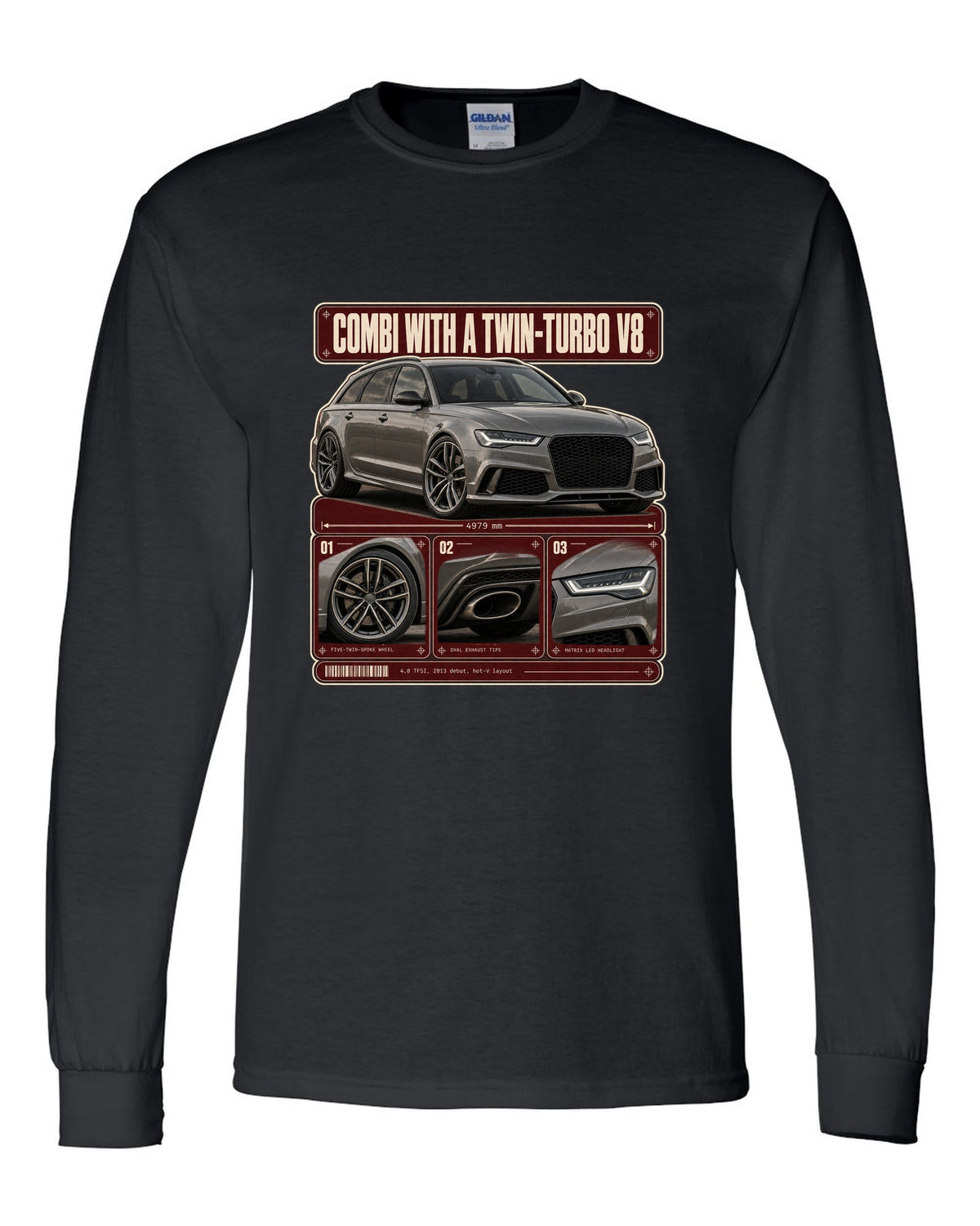 Audi RS6 Avant C7 warm grey dossier panels print black long sleeve front view with the design