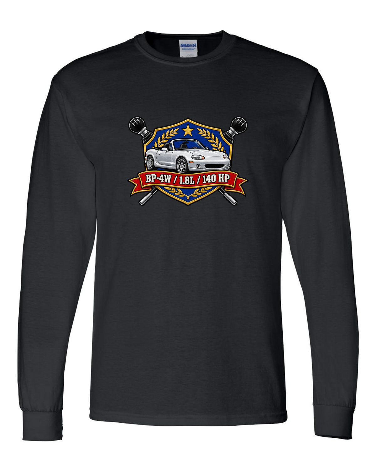 Embroidery-style shield crest of a Mazda MX-5 NB with BP-4W 1.8L 140 HP text black long sleeve front view with the design