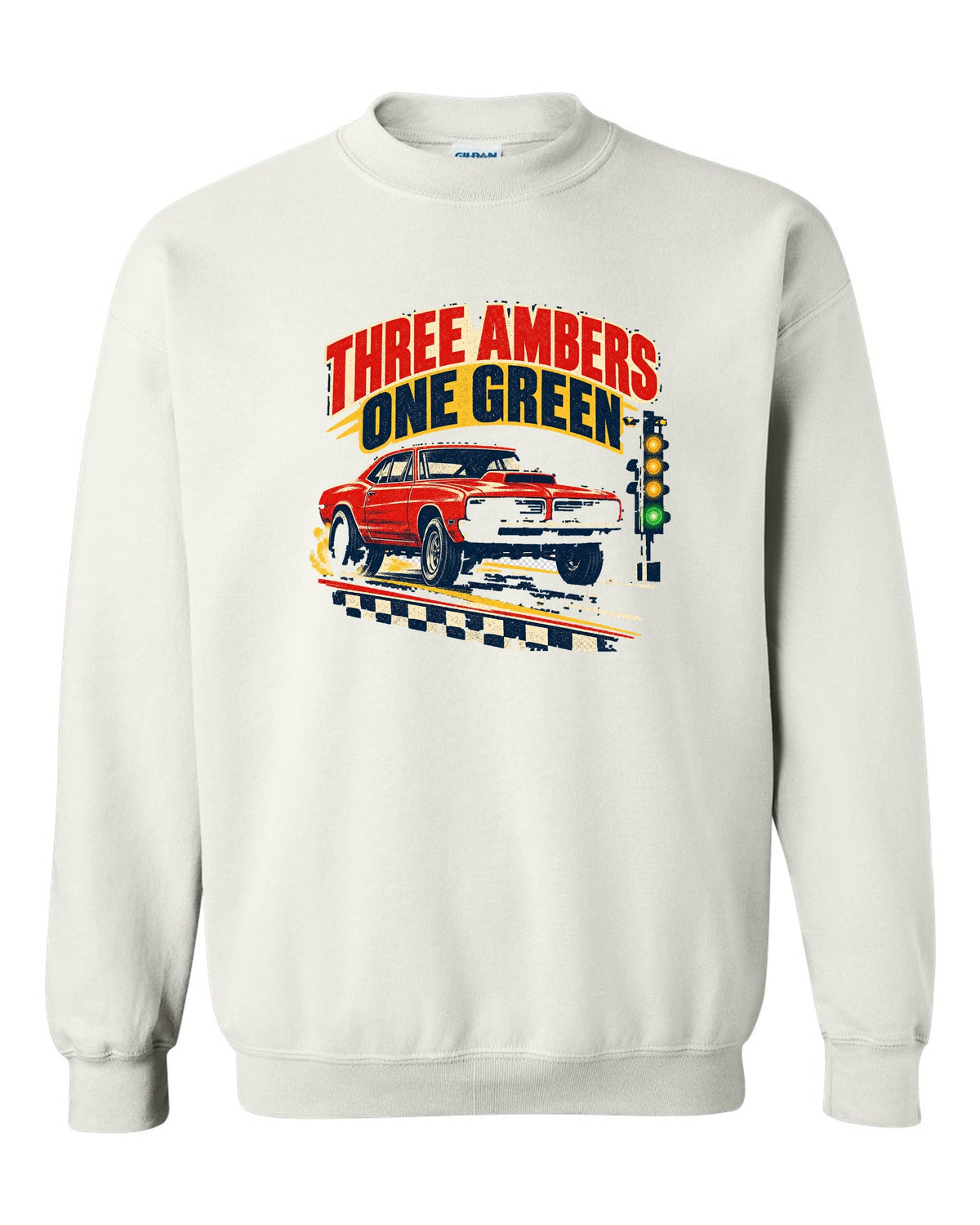 Vintage drag-race poster of a 1969 Plymouth Road Runner with the Christmas tree lights white crewneck front view with the design