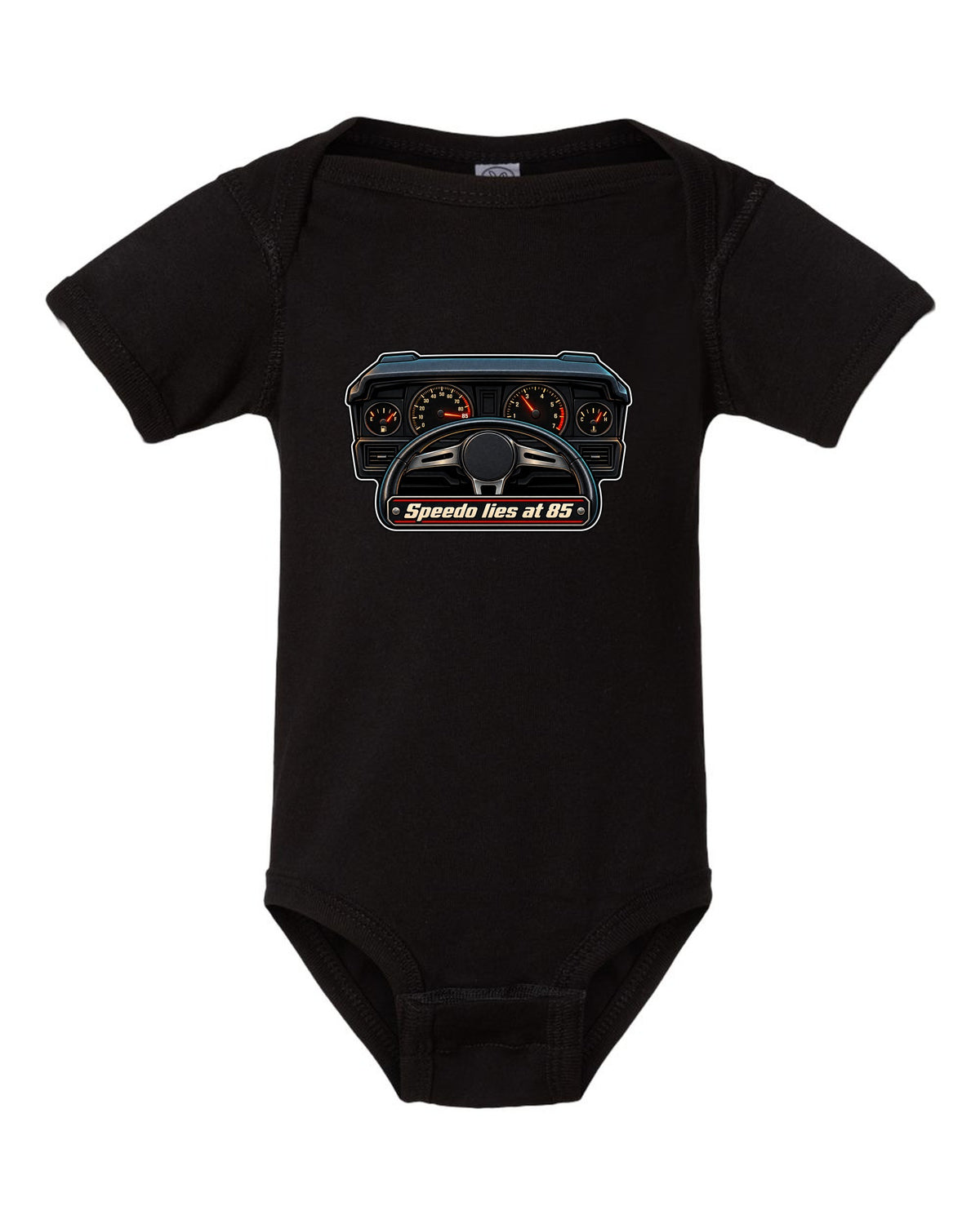 Gauge-cluster HUD print for a Ford Mustang Fox Body GT with speedo text black baby onesie front view with the design