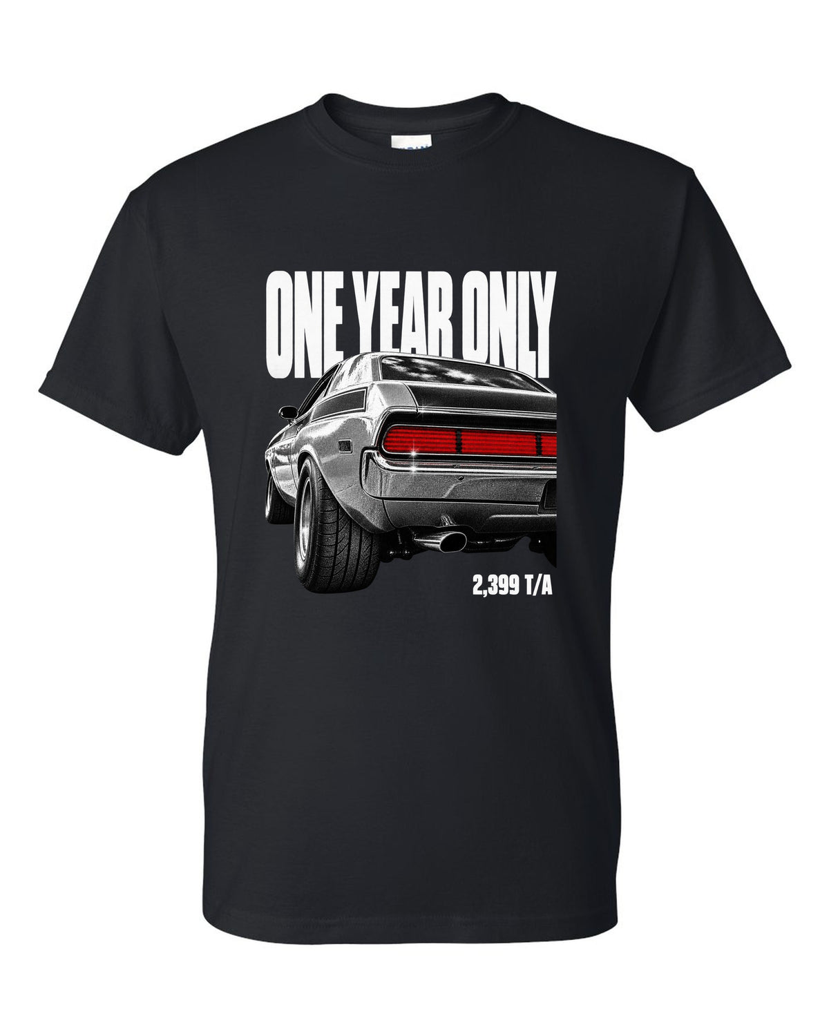Taillight macro print of a 1970 Dodge Challenger T/A with one year only 2,399 T/A text black t-shirt front view with the design