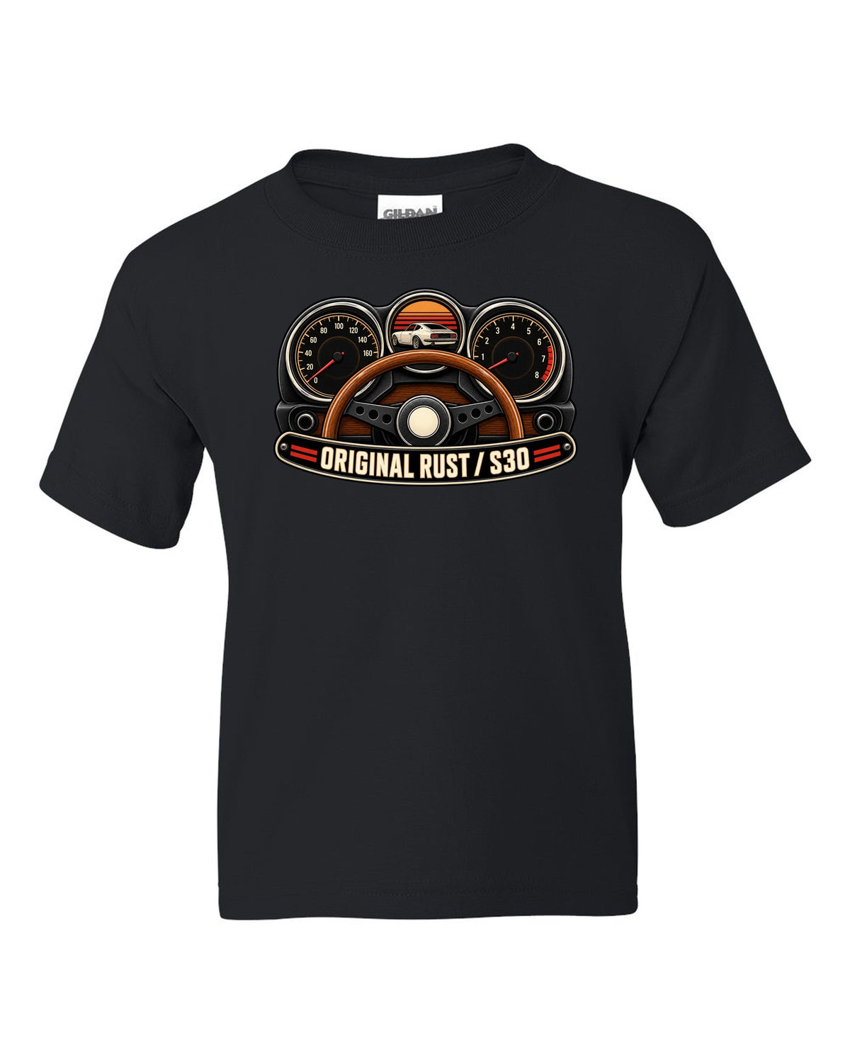Analog gauge cluster print for the Datsun 240Z S30 reading Original Rust black kids tee front view with the design