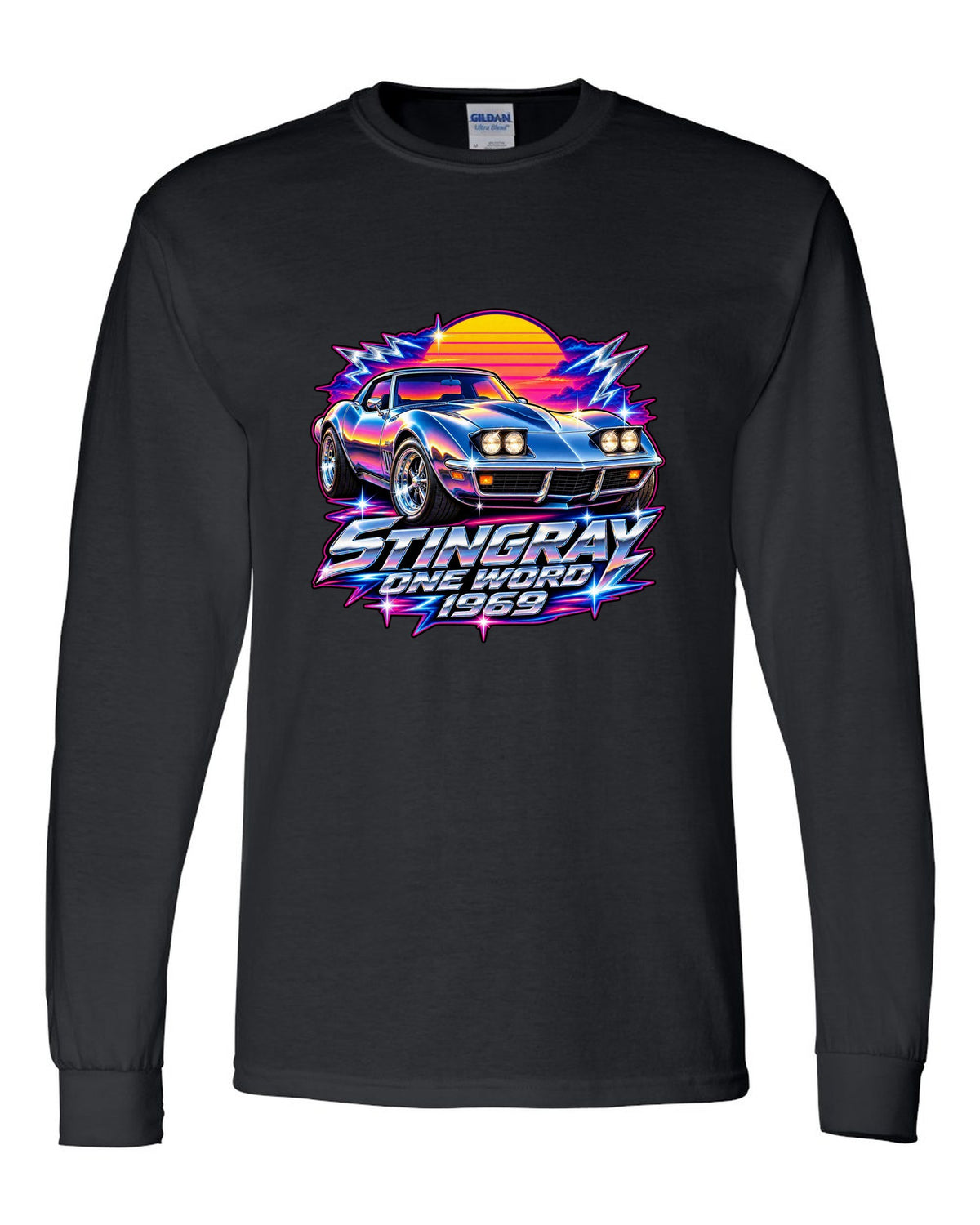 80s chrome airbrush print of a 1969 Chevrolet Corvette C3 Stingray with Stingray One Word 1969 text black long sleeve front view with the design