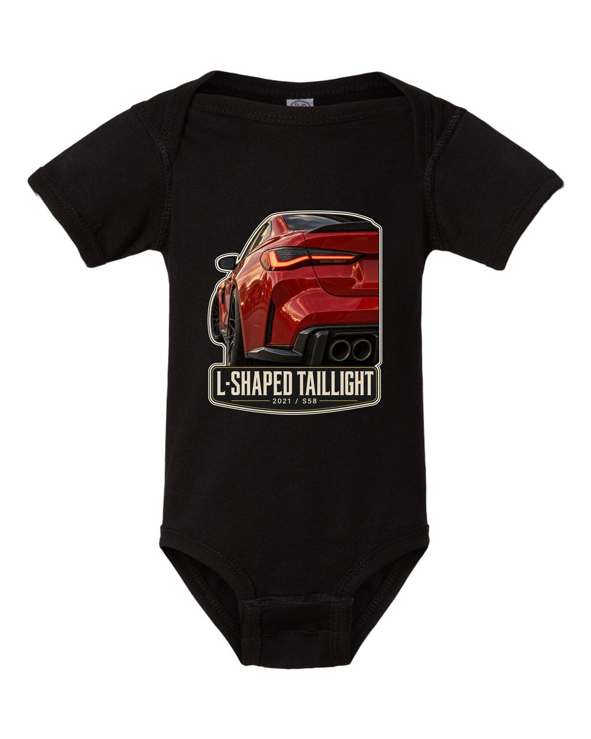 BMW M4 Competition G82 L-shaped taillight macro print with 2021 and S58 text black baby onesie front view with the design