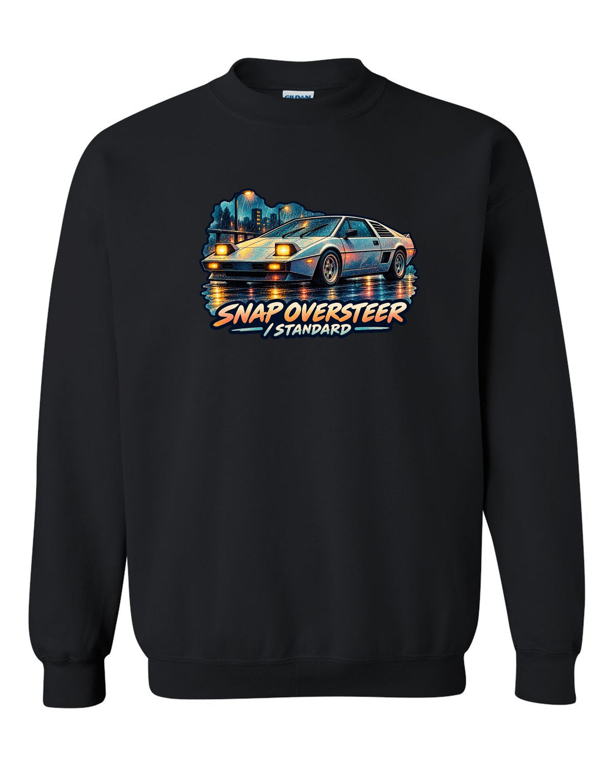 Watercolour wash of a Toyota MR2 AW11 driving in rain with oversteer slogan black crewneck front view with the design