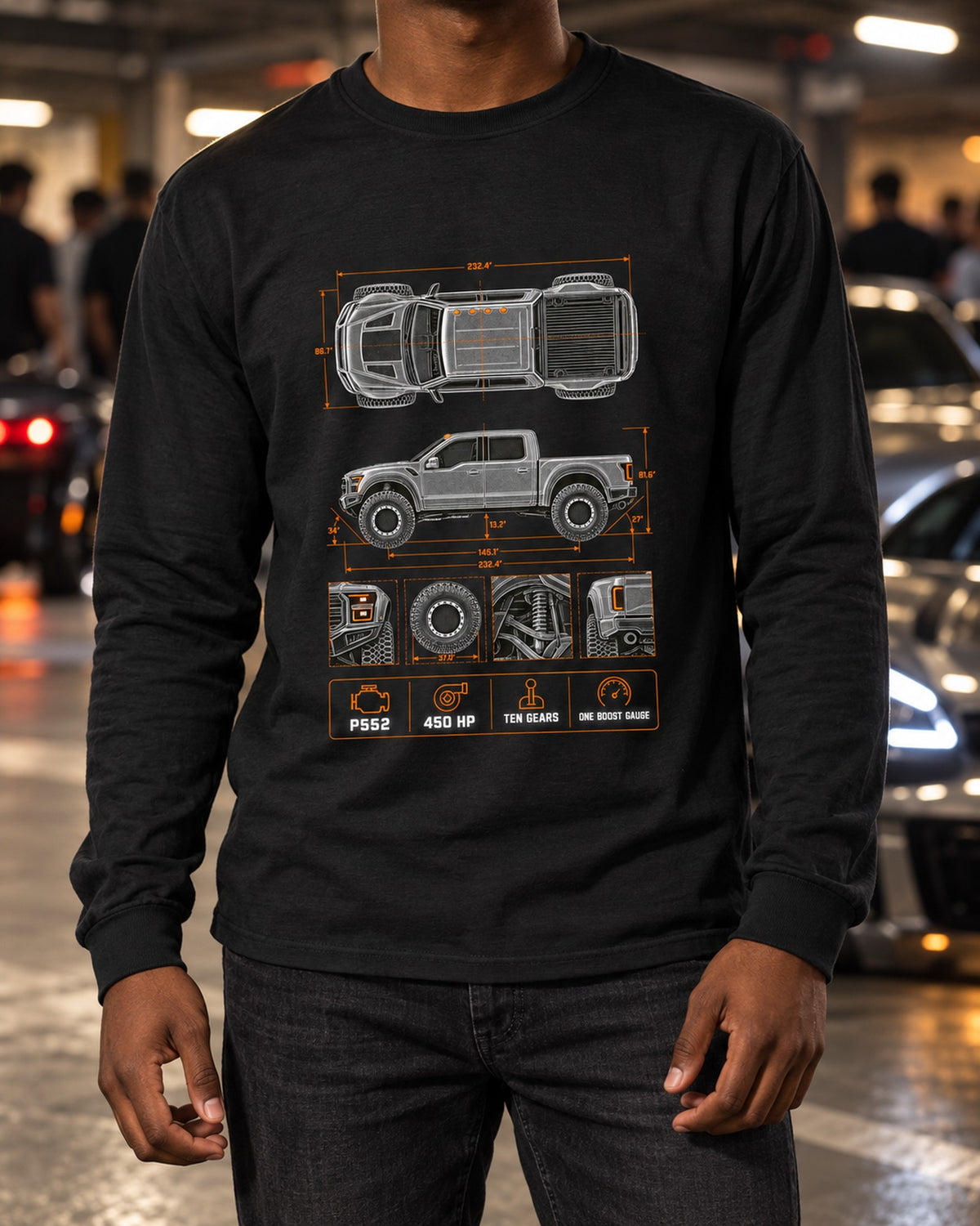Ford F-150 Raptor Gen 2 P552 Spec Poster Tee, Truck Gift Long Sleeve Black worn hero