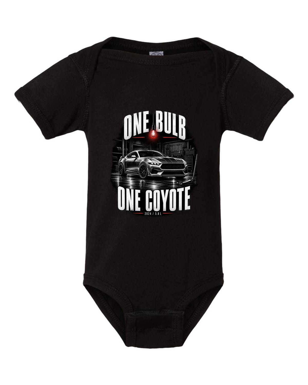 Ford Mustang S650 GT coupe in a dimly lit garage, one bulb one Coyote print black baby onesie front view with the design