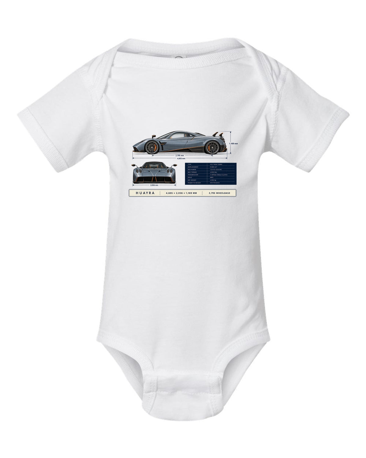 Dimension blueprint print of the Pagani Huayra coupe with 4,605 x 2,036 x 1,169 mm and 2,795 wheelbase white baby onesie front view with the design