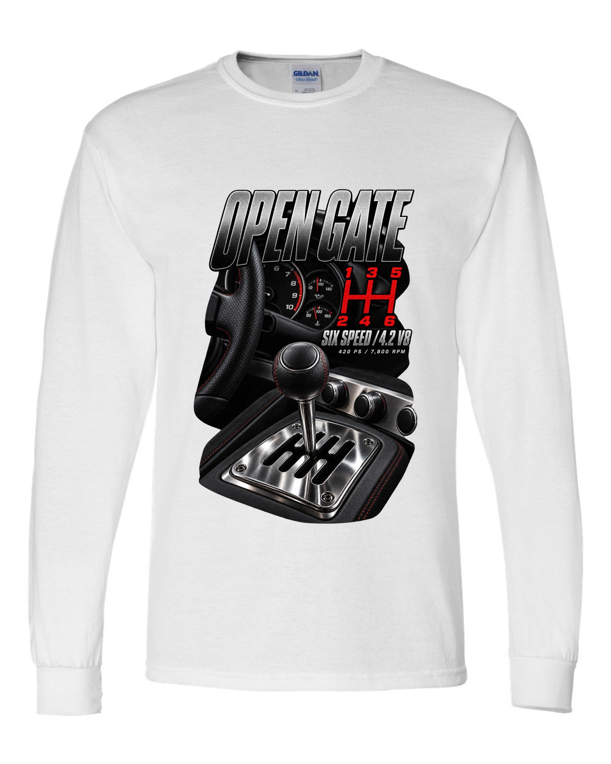 Audi R8 Type 42 V8 open gate six-speed shifter macro design white long sleeve front view with the design