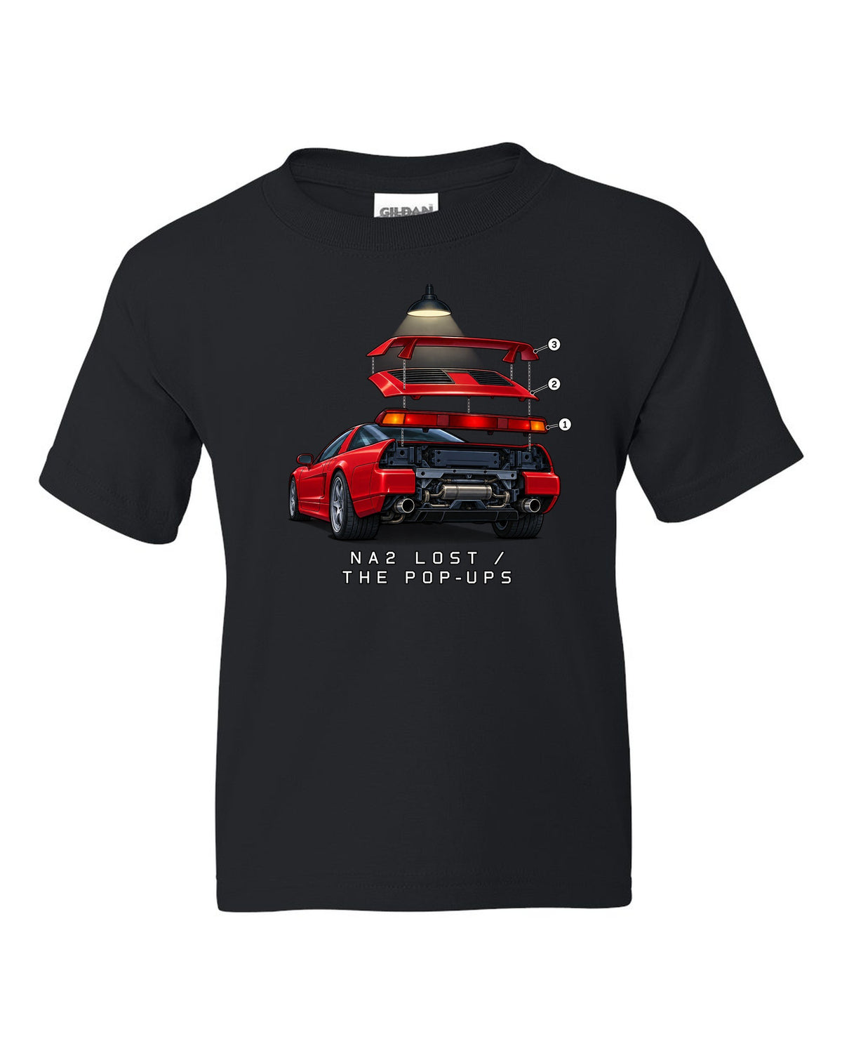 Isometric exploded taillight diagram of a 2002 Honda NSX NA2 with NA2 Lost The Pop-Ups lettering black kids tee front view with the design