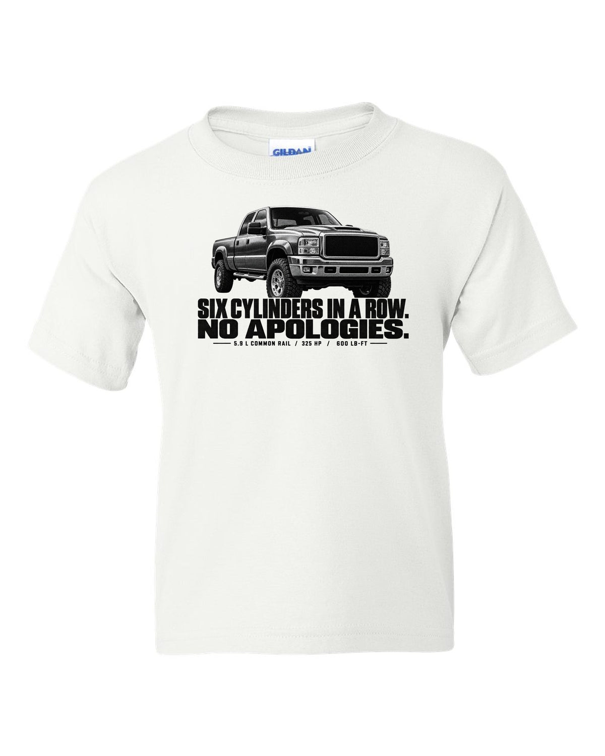 Halftone print of a 2003-09 Dodge Ram 2500 3rd gen in a front three-quarter view white kids tee front view with the design