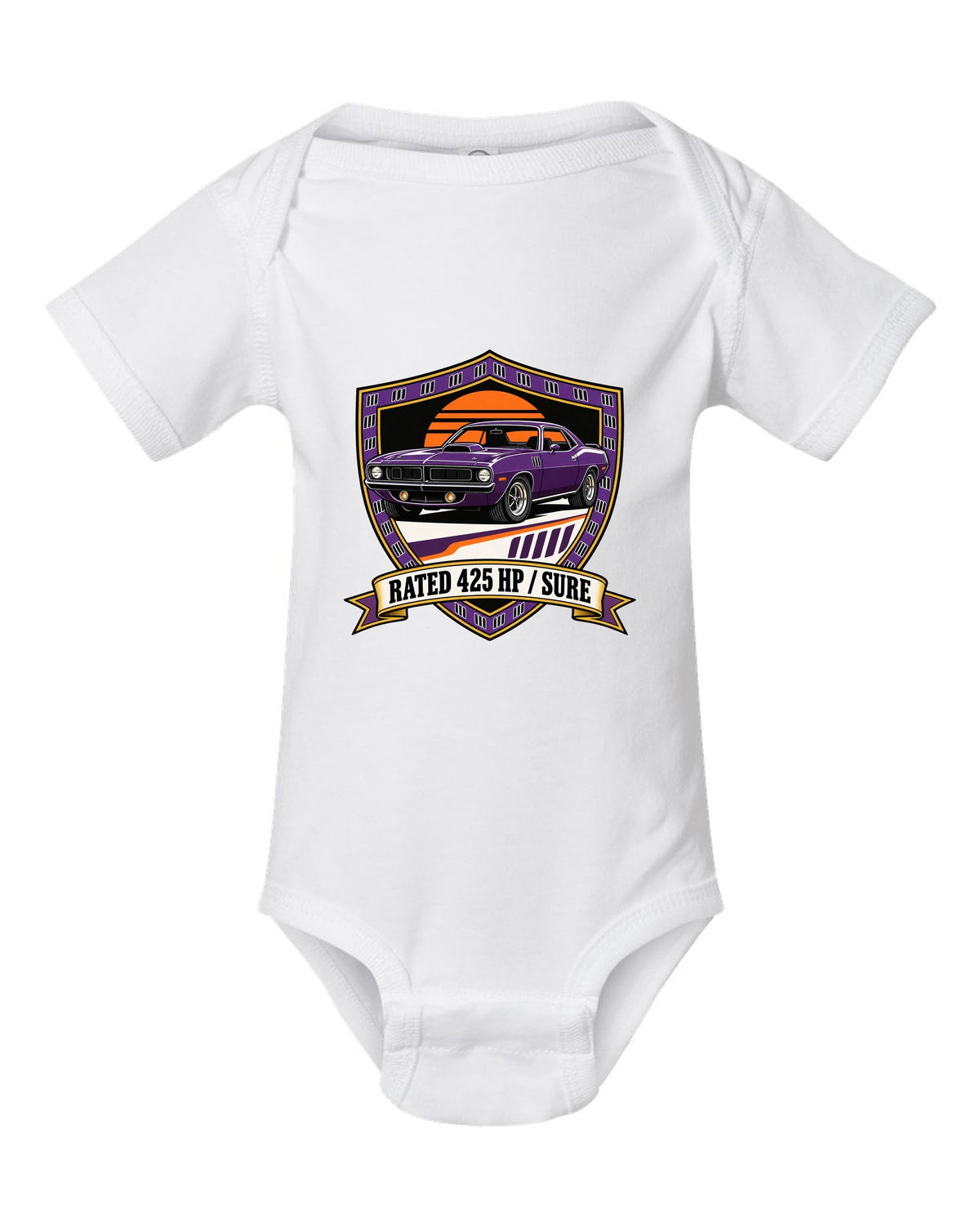 Original shield crest design for a 1970 Plymouth Hemi Cuda with rated 425 HP sure text white baby onesie front view with the design