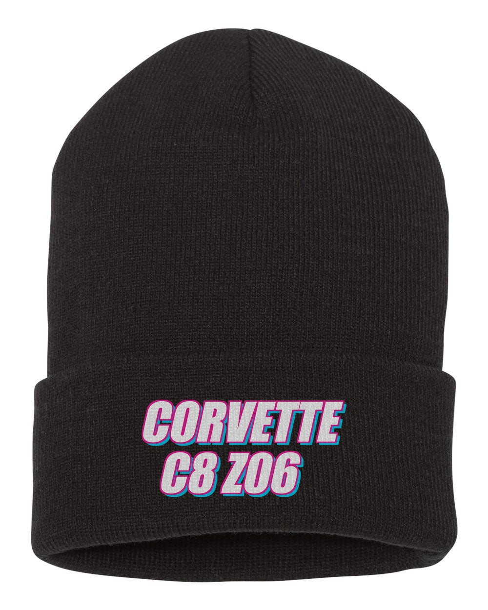 Corvette C8 Z06 black beanie front view with car name