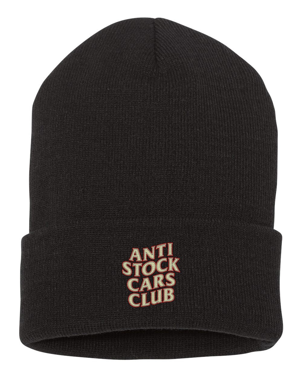 Anti Stock Cars Club Varsity College Shirt, Hoodie & More black beanie front view with car name