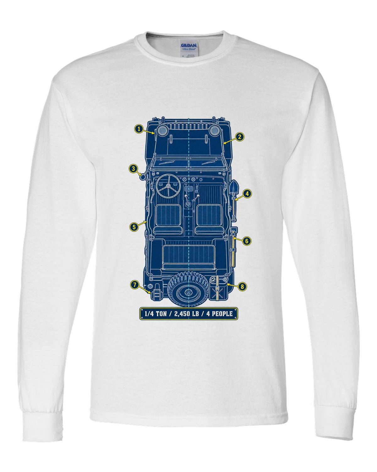 Cyanotype blueprint print of a Willys MB with field manual specs text white long sleeve front view with the design