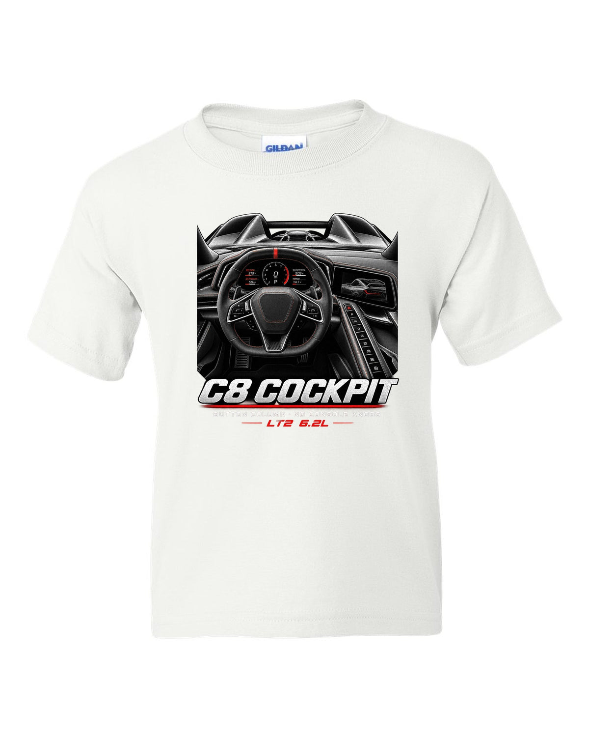 Corvette C8 Stingray 2020 cockpit with button column white kids tee front view with the design
