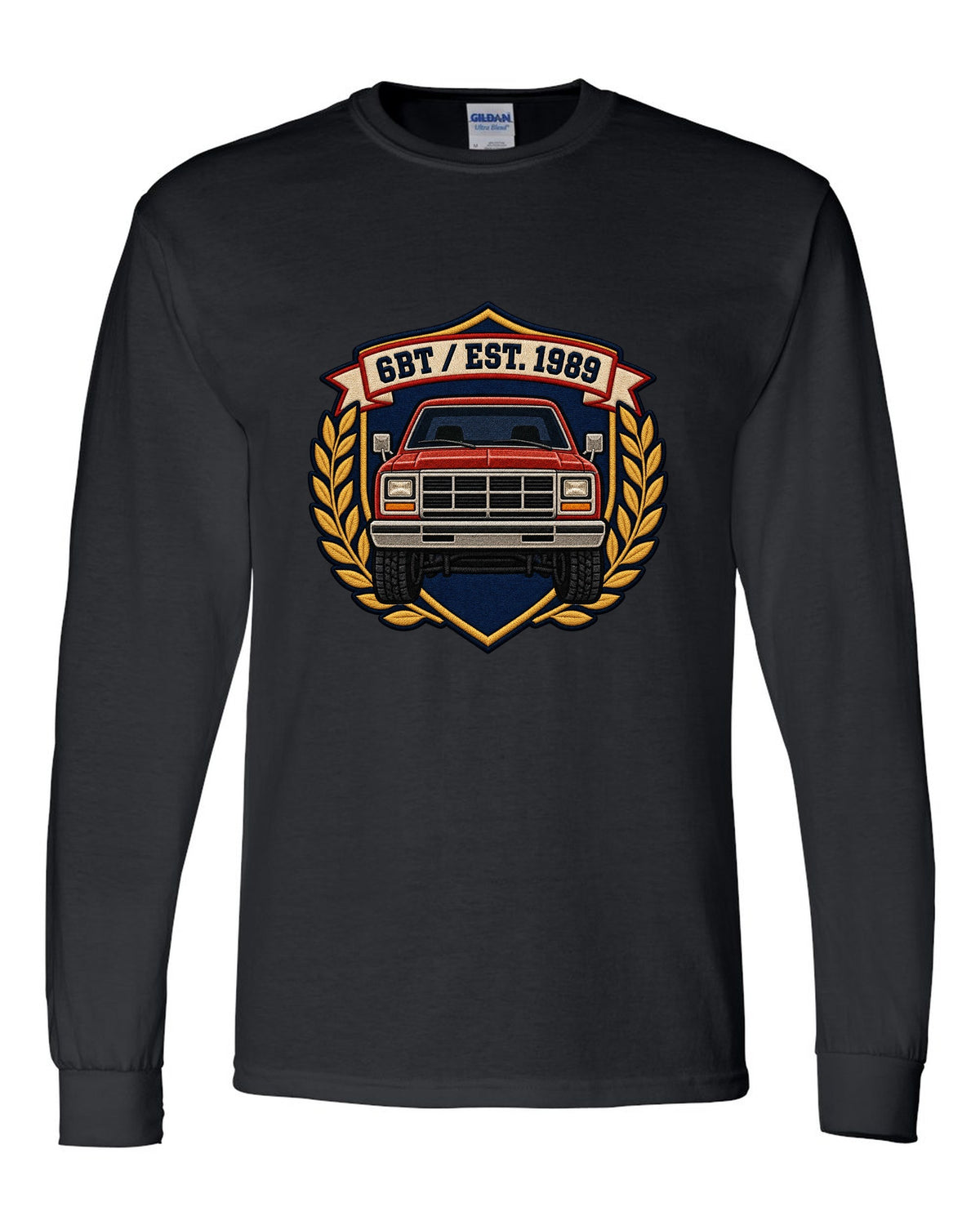 Varsity shield crest print for a first-generation Dodge Ram D250 6BT Cummins black long sleeve front view with the design