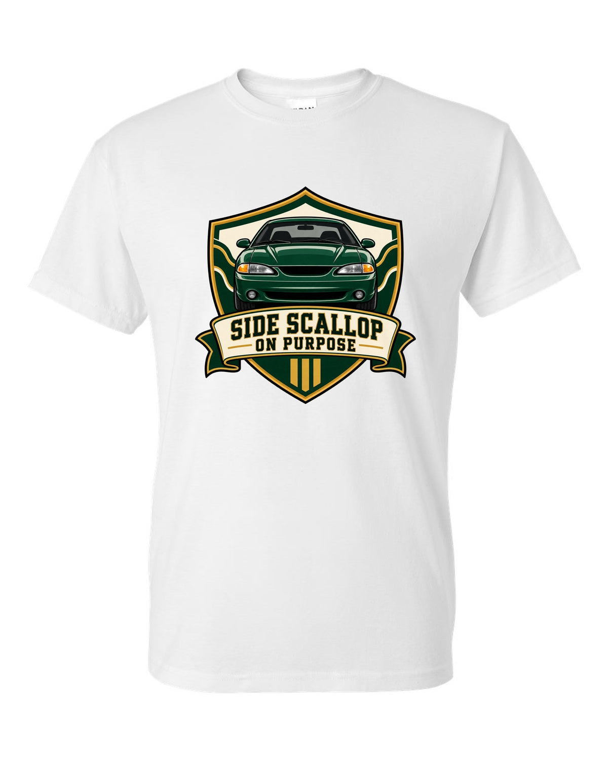 SN95 Mustang 1994-98 Varsity Crest white t-shirt front view with the design