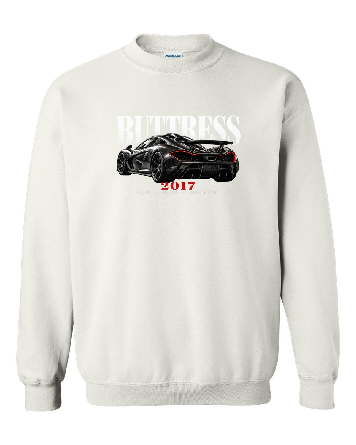 Ford GT 2017-22 buttress editorial print with 3.5 TT, 647 HP and carbon tub text white crewneck front view with the design