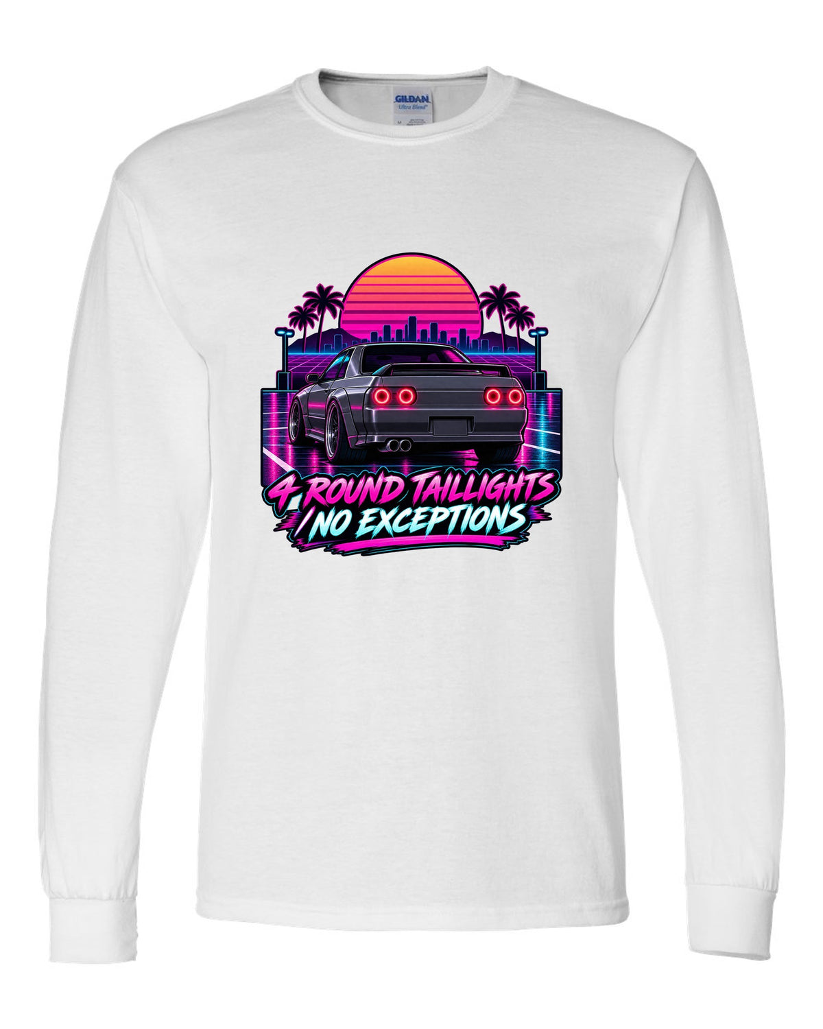 Neon synthwave print of a Nissan Skyline GT-R R32 BNR32 rear with four round taillights white long sleeve front view with the design
