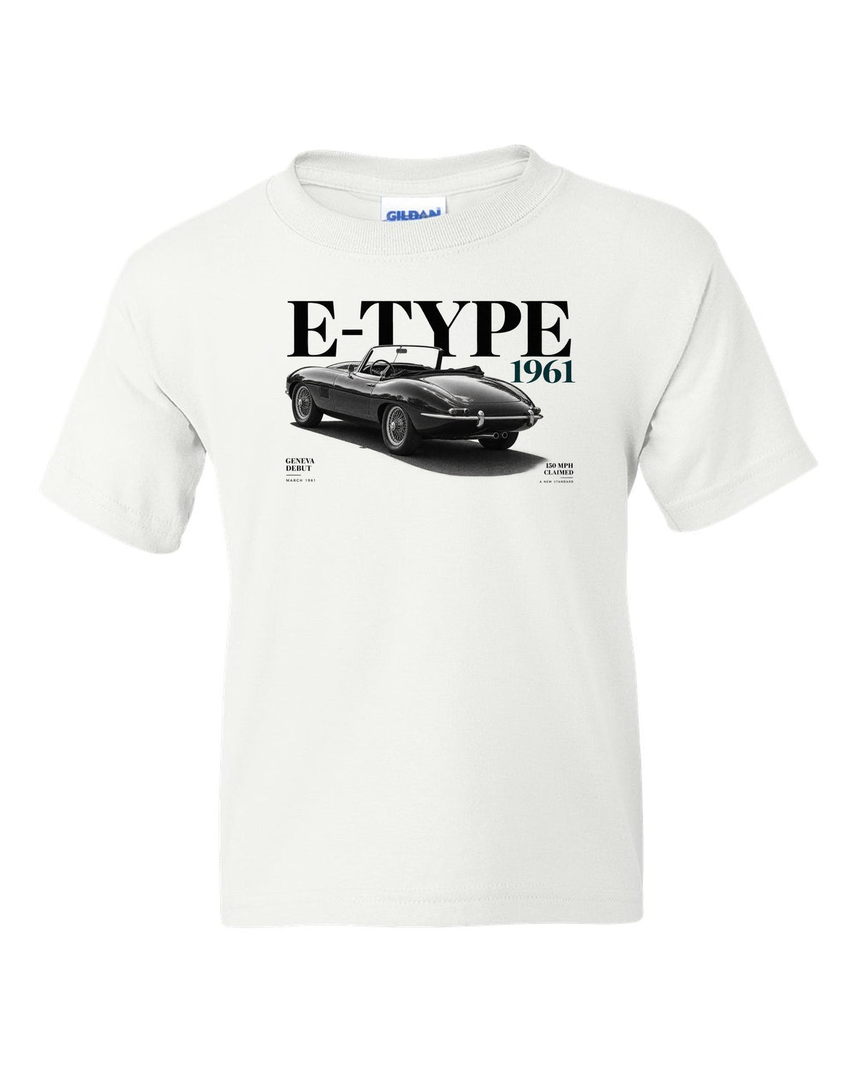 Jaguar E-Type roadster 1961 Geneva debut editorial poster white kids tee front view with the design