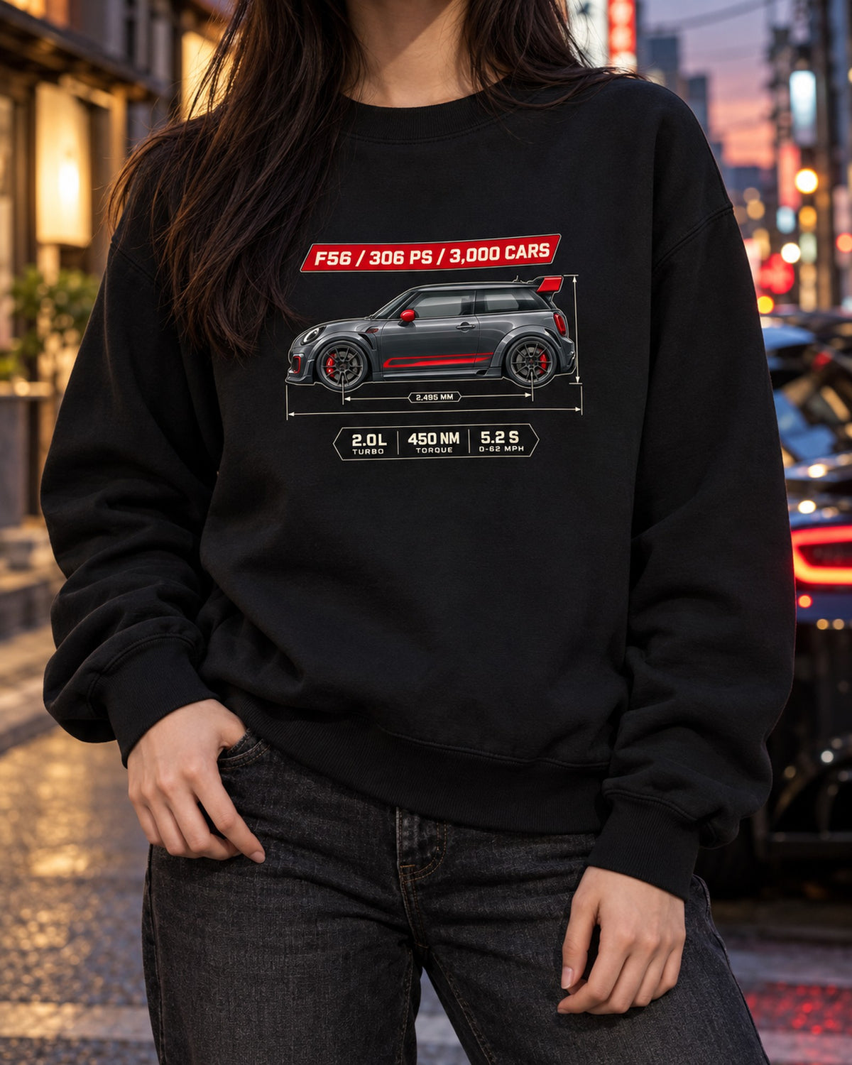 Mini JCW GP F56 2020 Blueprint Shirt, 3,000 Cars, 306 PS Crewneck Black worn hero