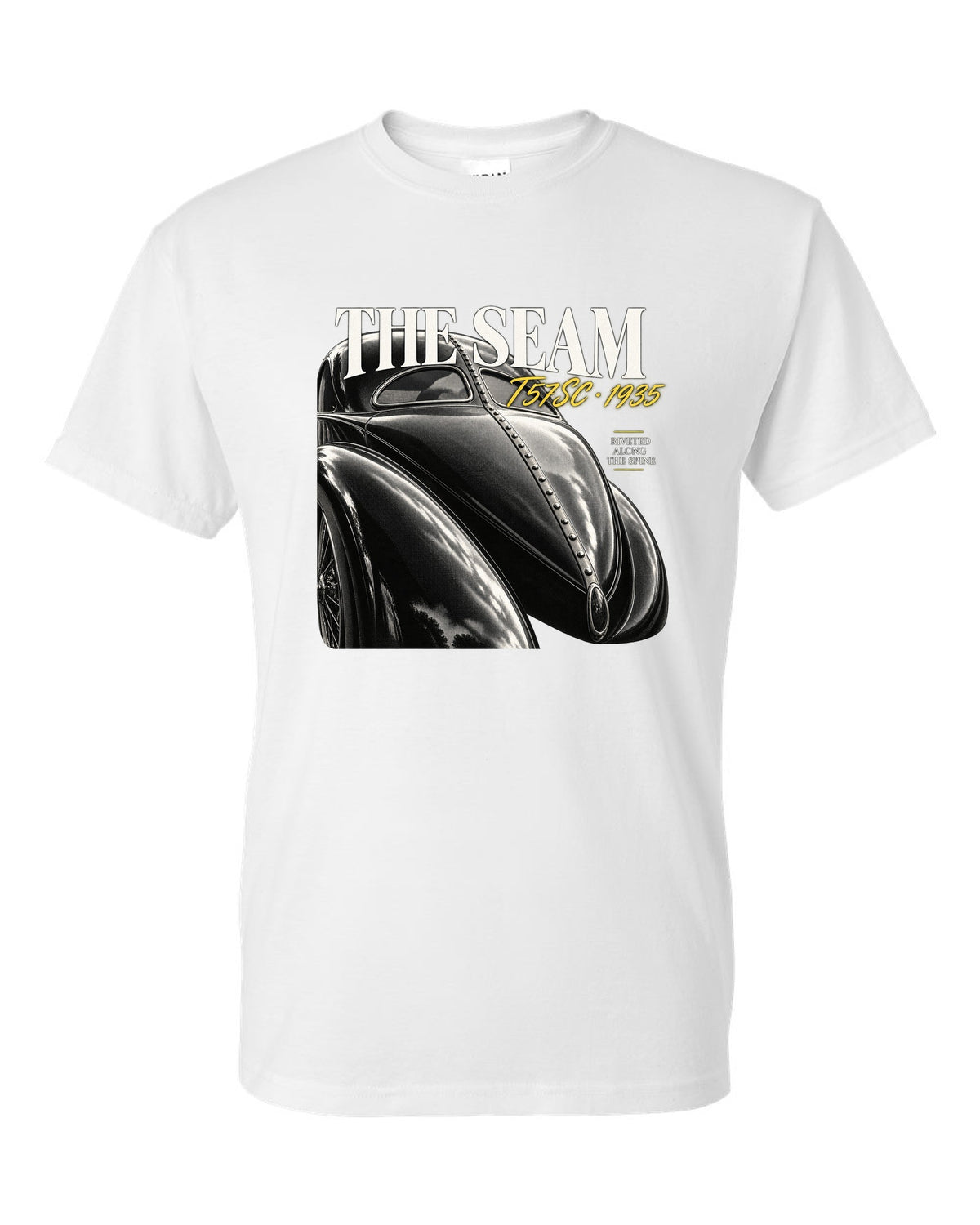 Close macro print of the riveted dorsal seam on a 1935 Bugatti Type 57SC Atlantic white t-shirt front view with the design