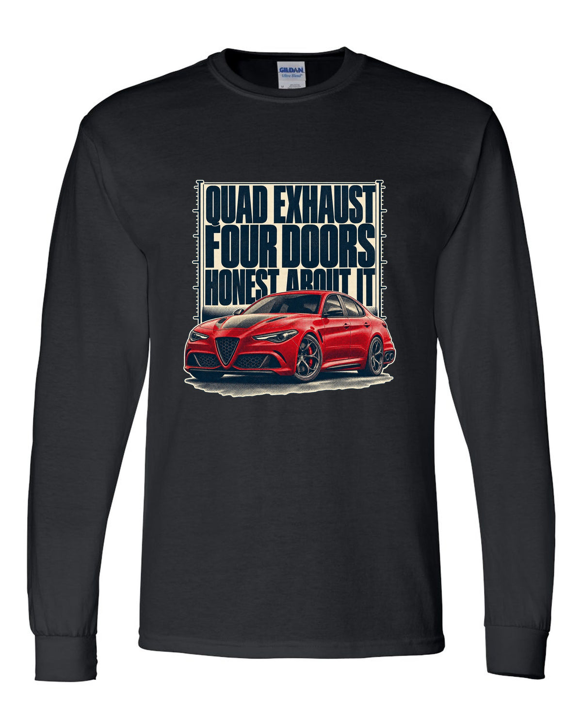 Alfa Romeo Giulia Quadrifoglio halftone statement print black long sleeve front view with the design