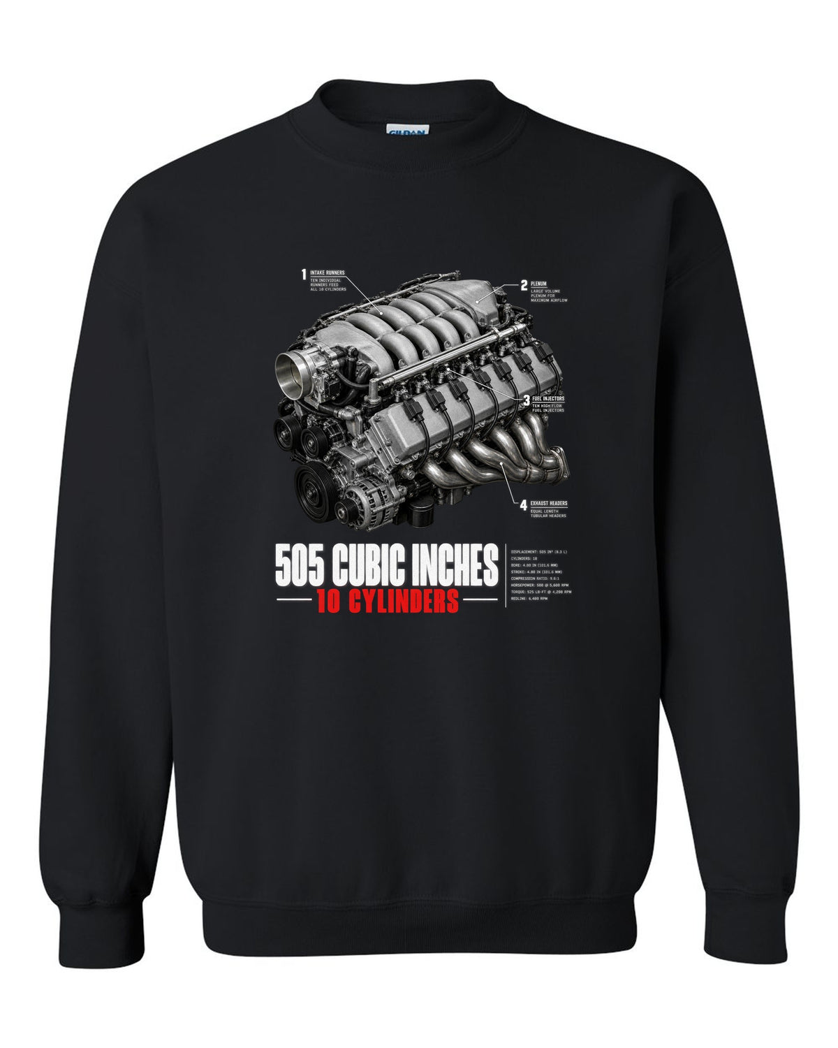 Dodge Viper SRT-10 ZB I 8.3L V10 engine hero print with 505 cubic inches lettering black crewneck front view with the design