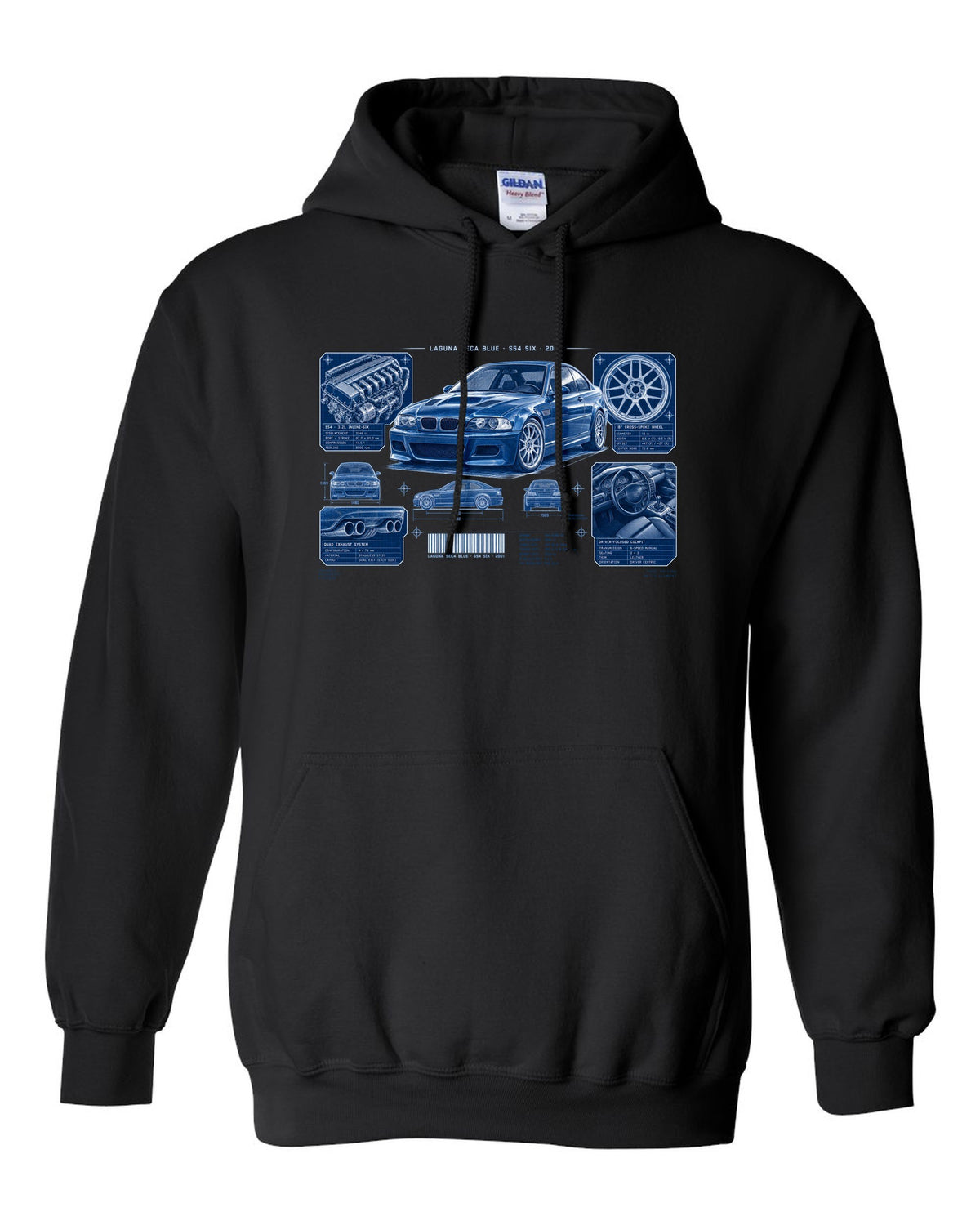 BMW E46 M3 coupe dossier panel print with Laguna Seca Blue S54 six and 2001 text black pull over hoodie front view with the design