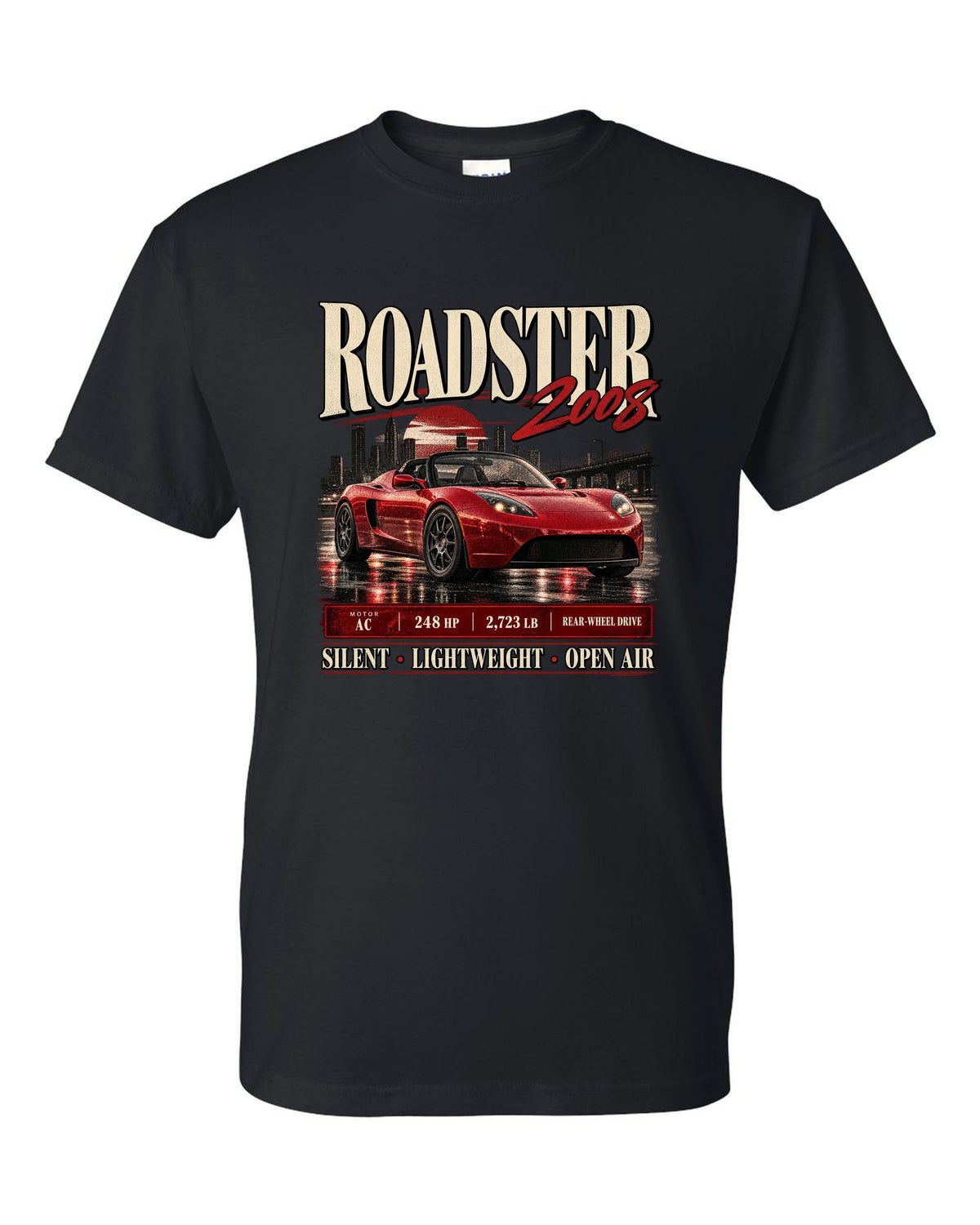 Tesla Roadster Gen 1 2008 archive panel with AC motor, 248 HP, 2,723 lb and rear-wheel drive black t-shirt front view with the design